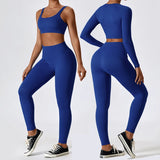 High Quality gym wear for women fitness set Ribbed Breathable Fabric Sports Women 3 pcs Yoga Set Seamless Fitness Active Wear