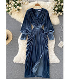 Women Blue Draped Velvet Long Dress Elegant V-Neck Lantern Sleeve High Waist Party Robe Female Autumn Winter   ANSZKTN