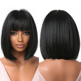 Factory Inventory 9 Inches Short Bob Wig with Bangs Synthetic Wigs for Women Afro Black Straight Hair Natural Wig