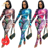 Sheer Mesh See Through Pattern Print 2 Piece Set for Women Long Sleeve Bandage Bodysuits Skinny Legging Sweat Suit Outfits