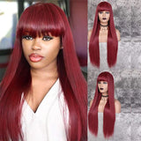 Vigorous Long Straight Wig with Bangs Wine Red Color Synthetic Hair Wigs for Women Heat Resistant Fiber Wholesale Price