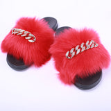 Fashion women luxury fur fluffy chain slippers for ladies Zapatillas de felpa