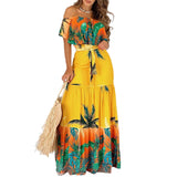 Fashion Women Off Shoulder Maxi Dress Party Wear Vacation Holiday Tropical Print Long Dress