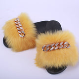 Fashion women luxury fur fluffy chain slippers for ladies Zapatillas de felpa