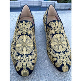 Gold Handmade Embroidered Shoes Man Round Toe Flower Flats Loafer Shoes Mail Slip On Luxury Wedding Shoes Men