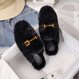 Winter metal buckle mules shoes women large flat outdoor mink fluffy faux fur slippers for ladies