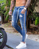 Men&#39;s Painted Skinny Slim Fit Straight Ripped Distressed Pleated Knee Patch Denim Pants Stretch Jeans