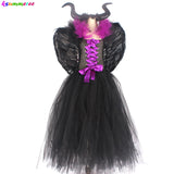 Kids Evil Queen Girls Halloween Fancy Tutu Dress Costume with Horn Wing Children Christening Dress Up Black Gown Villain Clothes