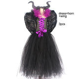 Kids Evil Queen Girls Halloween Fancy Tutu Dress Costume with Horn Wing Children Christening Dress Up Black Gown Villain Clothes