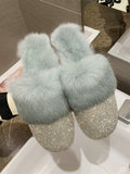 Big Size Slippers Female Ladies Designer Shoes Women Luxury 2022 Rhinestone Fur Crystal Slides Mules Slippers Flats Lady Shoes