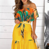 Fashion Women Off Shoulder Maxi Dress Party Wear Vacation Holiday Tropical Print Long Dress