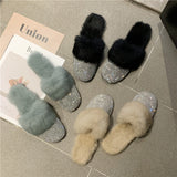 Big Size Slippers Female Ladies Designer Shoes Women Luxury 2022 Rhinestone Fur Crystal Slides Mules Slippers Flats Lady Shoes