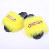 Fashion women luxury fur fluffy chain slippers for ladies Zapatillas de felpa