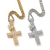 14k plated iced square cz zircon crown cross diamond pendant men necklace