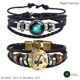 2pcs 12 Constellation Bracelet  Zodiac Sign Black Braided Leather Bangle Aries Leo Libra Luminous Dome Jewelry Punk Men Bracelet