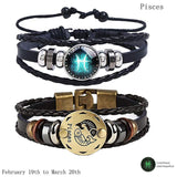 2pcs 12 Constellation Bracelet  Zodiac Sign Black Braided Leather Bangle Aries Leo Libra Luminous Dome Jewelry Punk Men Bracelet