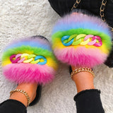 Real Fox Fur Slippers Fluffy Flip Flops Shiny Chain Plush Slippers Furry Fur Slides Home Beach Flat Sandals Women Fashion Shoes