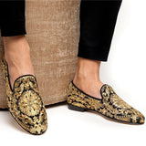 Gold Handmade Embroidered Shoes Man Round Toe Flower Flats Loafer Shoes Mail Slip On Luxury Wedding Shoes Men