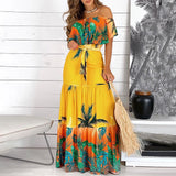 Fashion Women Off Shoulder Maxi Dress Party Wear Vacation Holiday Tropical Print Long Dress