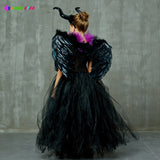 Kids Evil Queen Girls Halloween Fancy Tutu Dress Costume with Horn Wing Children Christening Dress Up Black Gown Villain Clothes