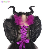 Kids Evil Queen Girls Halloween Fancy Tutu Dress Costume with Horn Wing Children Christening Dress Up Black Gown Villain Clothes