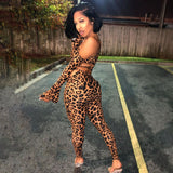 Leopard Print Slanted One Shoulder Irregular Buttock Trousers Pants Two Piece Pants Set