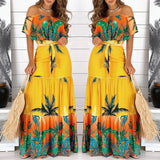 Fashion Women Off Shoulder Maxi Dress Party Wear Vacation Holiday Tropical Print Long Dress