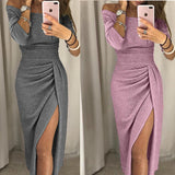 New Style European And American Women's Evening Dresses With Buttock Slit And Slash Collar Dinner Dress Party Dress