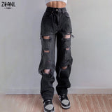 Brown Ripped Vintage Woman&#39;s Distressed Jeans Streetwear Hole Hip Hop High Waist Pants Fashion Straight Denim Trousers Ladies