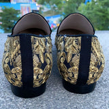 Gold Handmade Embroidered Shoes Man Round Toe Flower Flats Loafer Shoes Mail Slip On Luxury Wedding Shoes Men