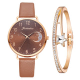 Women Watch Moon Numbers Dial Bracelet Watches Set Ladies Leather Band Quartz Wristwatch Women Female Clock Relogio Mujer Hot