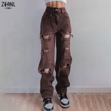 Brown Ripped Vintage Woman&#39;s Distressed Jeans Streetwear Hole Hip Hop High Waist Pants Fashion Straight Denim Trousers Ladies