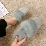 Big Size Slippers Female Ladies Designer Shoes Women Luxury 2022 Rhinestone Fur Crystal Slides Mules Slippers Flats Lady Shoes