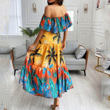 Fashion Women Off Shoulder Maxi Dress Party Wear Vacation Holiday Tropical Print Long Dress