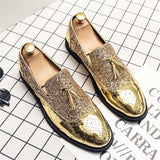 Fashion Tassel Men Loafers Gold Sequin Leather Dress Shoes Non-Slip Rubber Bar Party Wedding Oxford Breathable Footwear Size 48