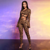 Leopard Print Slanted One Shoulder Irregular Buttock Trousers Pants Two Piece Pants Set