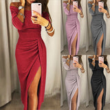 New Style European And American Women's Evening Dresses With Buttock Slit And Slash Collar Dinner Dress Party Dress