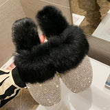 Big Size Slippers Female Ladies Designer Shoes Women Luxury 2022 Rhinestone Fur Crystal Slides Mules Slippers Flats Lady Shoes