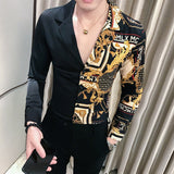 Casual Shirt Men Slim Fit Print Party Club Shirt Luxury Black Gold Shirt , Autumn Baroque Men Shirt Long Sleeve Patchwork