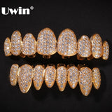 UWIN Cubic Zirconia Grills Set Silver Color Teeth Grills Hiphop Halloween Iced Out Top&amp;Bottom Dental Grills Body Jewelry