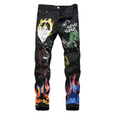 Sokotoo Men&#39;s fashion letters flame black printed jeans Slim straight colored painted stretch pants