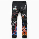 Sokotoo Men&#39;s fashion letters flame black printed jeans Slim straight colored painted stretch pants