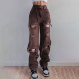 Brown Ripped Vintage Woman&#39;s Distressed Jeans Streetwear Hole Hip Hop High Waist Pants Fashion Straight Denim Trousers Ladies