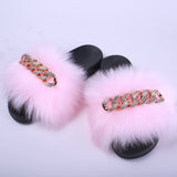 Fashion women luxury fur fluffy chain slippers for ladies Zapatillas de felpa