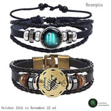 2pcs 12 Constellation Bracelet  Zodiac Sign Black Braided Leather Bangle Aries Leo Libra Luminous Dome Jewelry Punk Men Bracelet