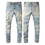 High Street Men's Jeans Ripped Fashion jeans  US Size damage Elastic denim pans skinny jeans for men