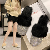 Big Size Slippers Female Ladies Designer Shoes Women Luxury 2022 Rhinestone Fur Crystal Slides Mules Slippers Flats Lady Shoes