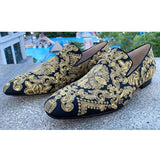 Gold Handmade Embroidered Shoes Man Round Toe Flower Flats Loafer Shoes Mail Slip On Luxury Wedding Shoes Men