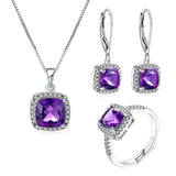 100% Natural Geometric Amethyst  Earrings Ring Bracelet Necklace 925 Sterling Silver Jewelry Set V001