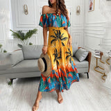 Fashion Women Off Shoulder Maxi Dress Party Wear Vacation Holiday Tropical Print Long Dress